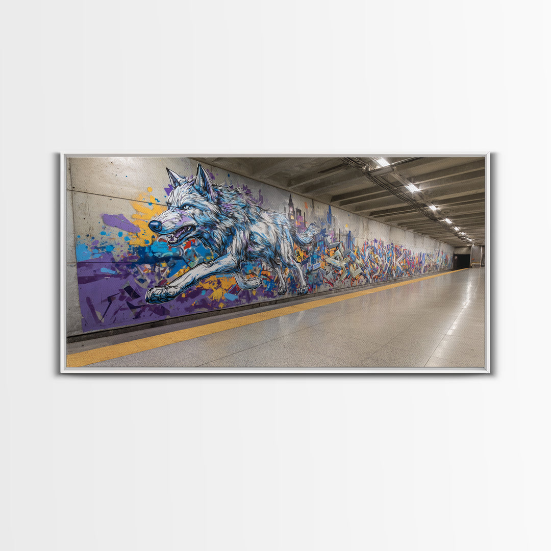 Running Wolf Graffiti Subway Mural Canvas Print, Urban Street Art Wall Art, Colorful Animal Decor, Modern Man Cave Art Gift
