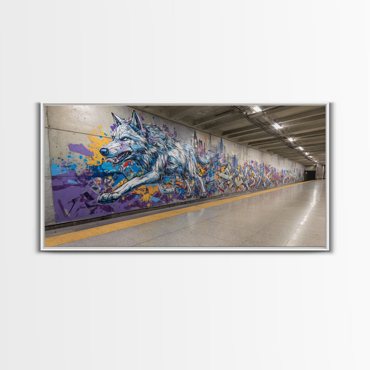 Running Wolf Graffiti Subway Mural Canvas Print, Urban Street Art Wall Art, Colorful Animal Decor, Modern Man Cave Art Gift
