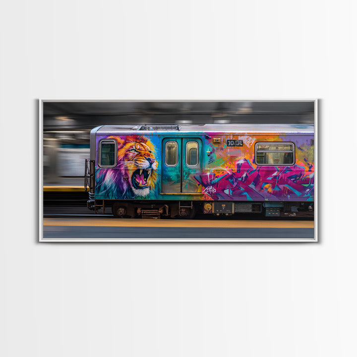 Colorful Lion Graffiti Train Canvas Print, Urban Street Art Wall Art, Dopamine Decor, Bold Pop Art Subway Photography Print
