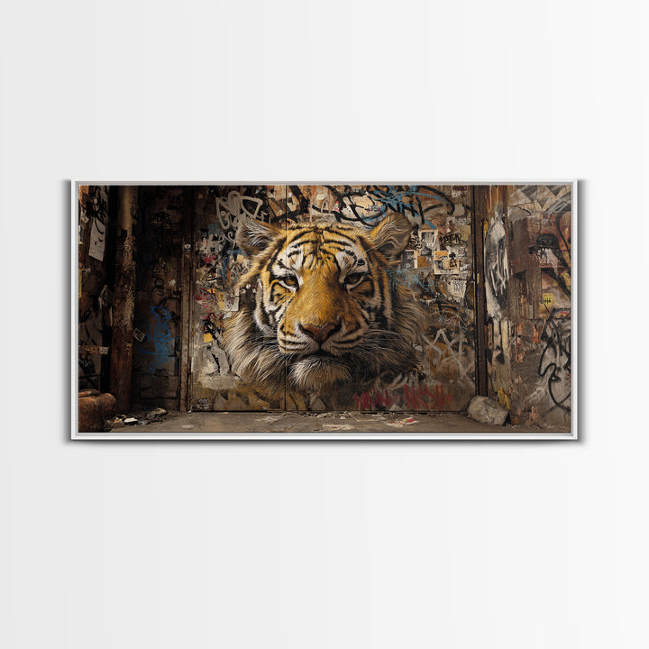 Urban Tiger Mural On Weathered Alley Wall Art, Graffiti Street Art Canvas Print, Big Cat Animal Wall Decor, Modern Home Decor