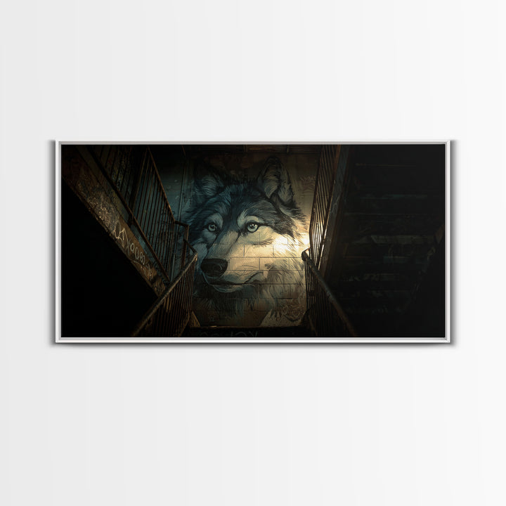 Dark Wolf Mural Stairwell Wall Art, Urban Animal Canvas Decor, Moody Graffiti Print, Masculine Office Decor Housewarming Gift For Him
