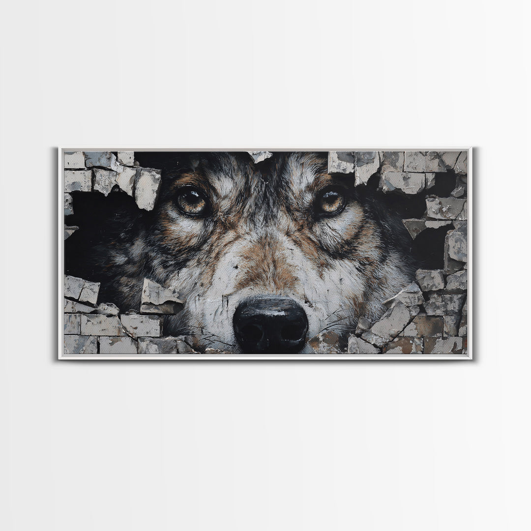 Wolf Dog Peeking Through Brick Wall Art, Rustic Animal Canvas Print, Wildlife Decor, Pet Lover Gift For Cabin Or Office Decor