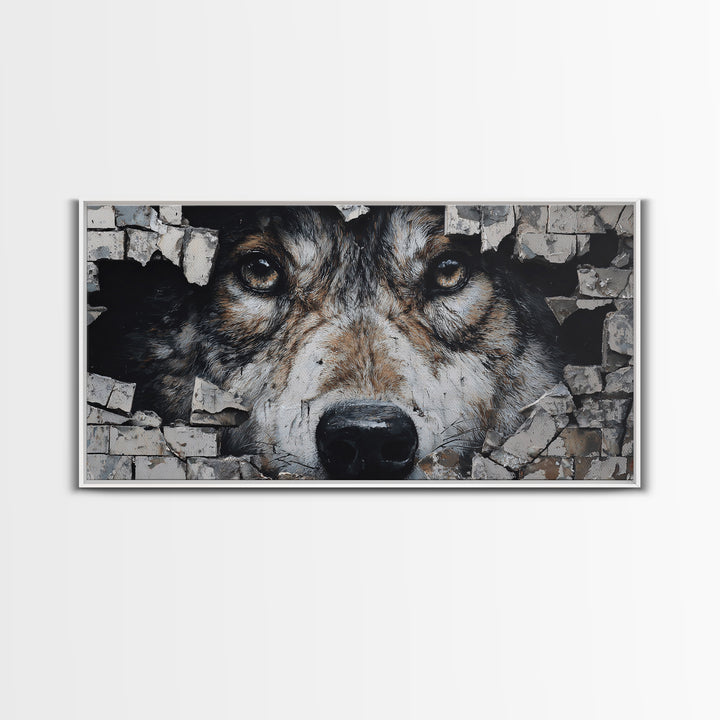 Wolf Dog Peeking Through Brick Wall Art, Rustic Animal Canvas Print, Wildlife Decor, Pet Lover Gift For Cabin Or Office Decor