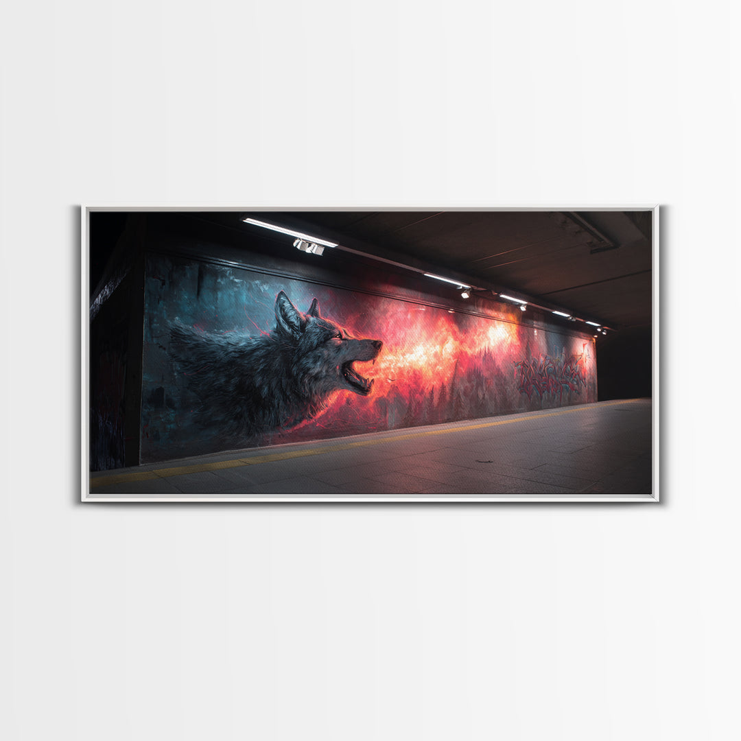 Howling Wolf Graffiti Tunnel Mural Wall Art, Urban Street Art Print, Dark Fantasy Decor, Edgy Man Cave Canvas For Living Room Decor