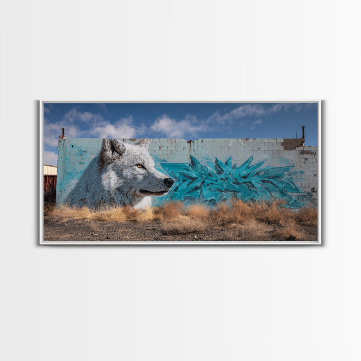 White Wolf Graffiti Mural On Weathered Wall Art, Urban Wildlife Canvas Print, Southwestern Street Decor, Animal Lover Gift