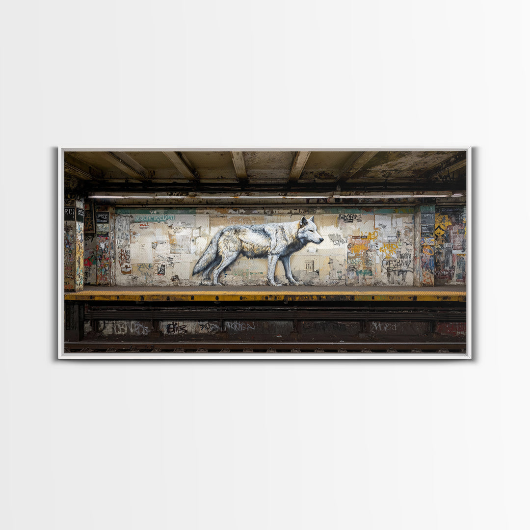 White Wolf Subway Graffiti Wall Art, Urban Animal Canvas Print, Gritty Street Art For Loft Office And Man Cave Decor Gift