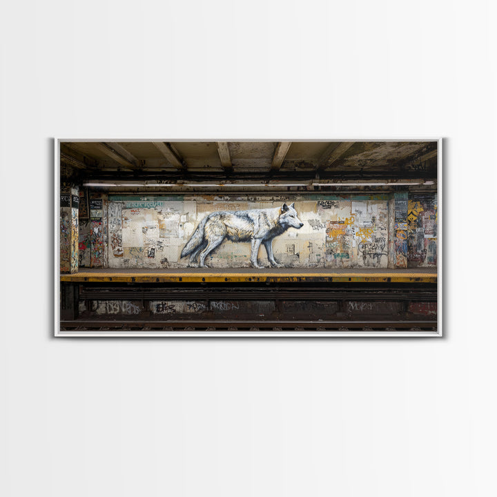 White Wolf Subway Graffiti Wall Art, Urban Animal Canvas Print, Gritty Street Art For Loft Office And Man Cave Decor Gift