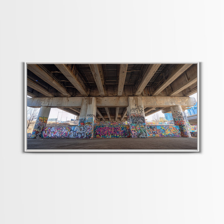 Colorful Graffiti Under Urban Bridge Wall Art, Street Art Photography Print, Modern Office Decor, Industrial City Poster