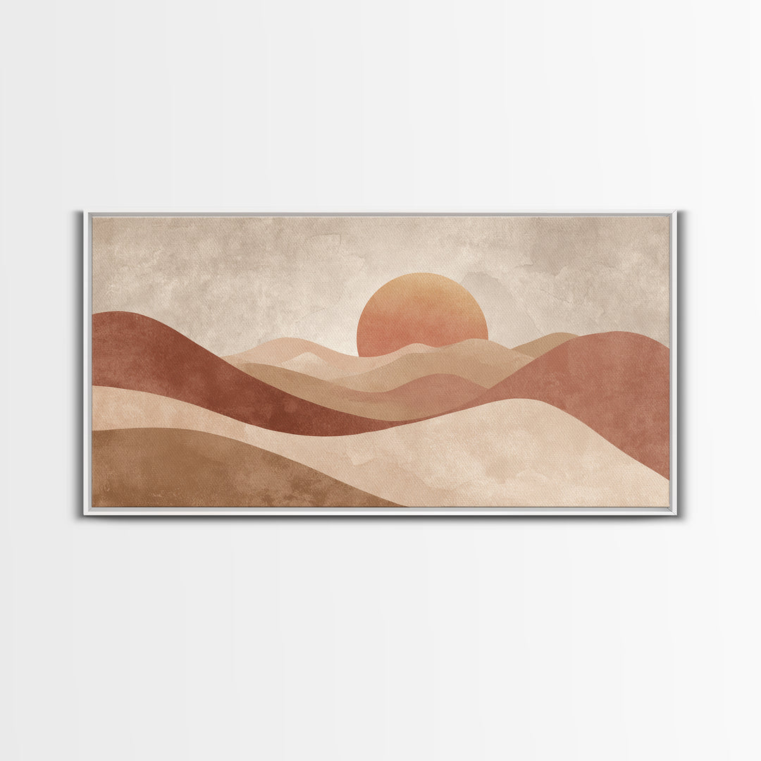 Minimalist Desert Sun And Dunes Canvas Print, Earth Tone Wall Art, Neutral Landscape Decor, Large Boho Living Room Art Print