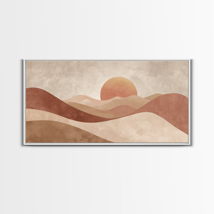 Minimalist Desert Sun And Dunes Canvas Print, Earth Tone Wall Art, Neutral Landscape Decor, Large Boho Living Room Art Print