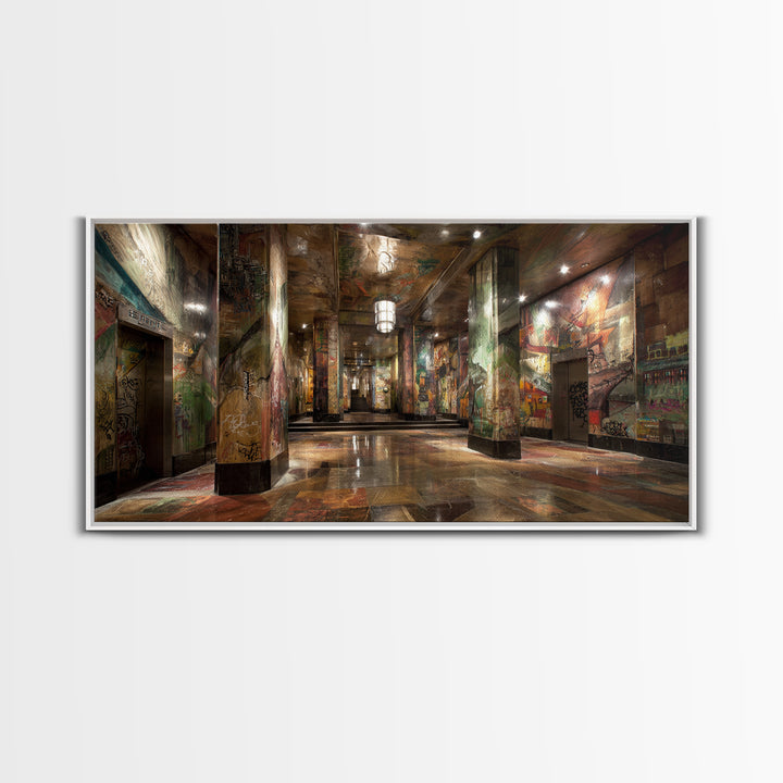 Graffiti Covered Underground Corridor Wall Art, Industrial Urban Canvas Print, Street Art Decor, Edgy Office Wall Decor