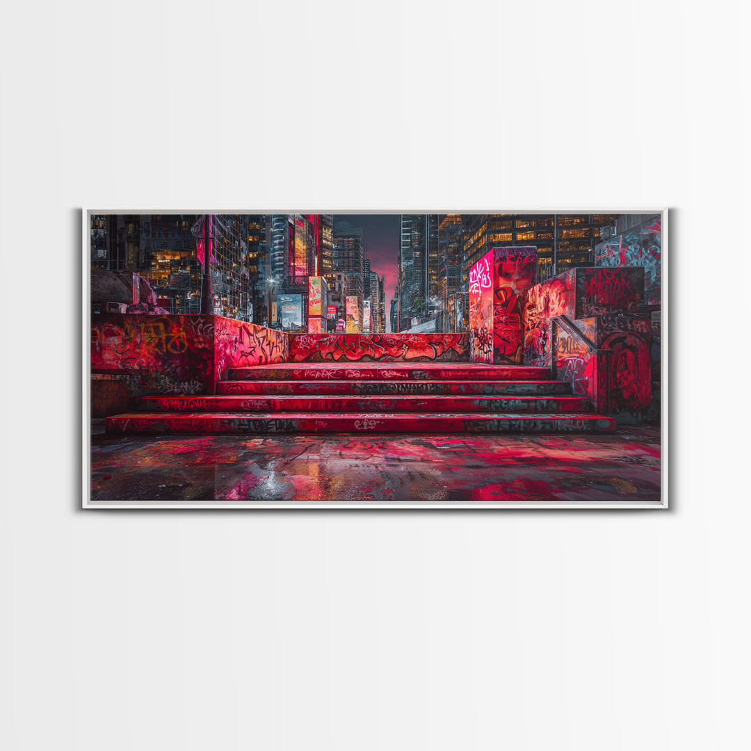 Neon Graffiti City Steps Wall Art, Cyberpunk Urban Street Art Print, Red Futuristic Decor For Gaming Room Or Loft Apartment Home Decor