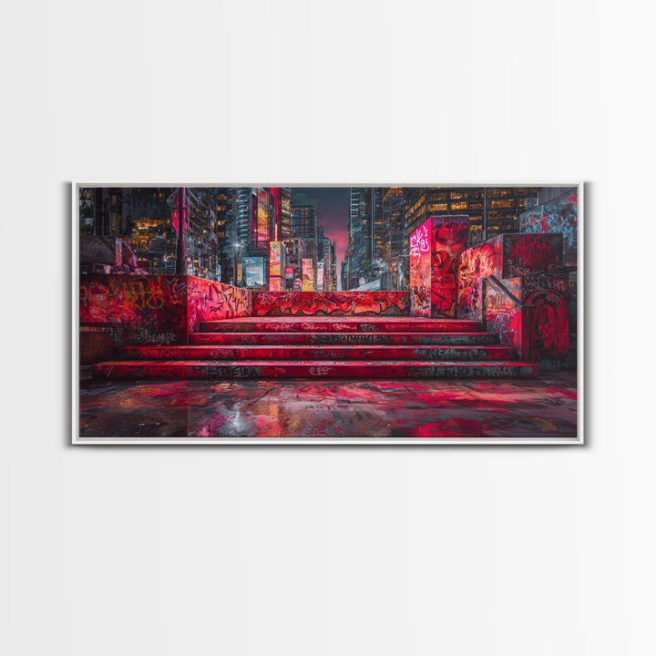 Neon Graffiti City Steps Wall Art, Cyberpunk Urban Street Art Print, Red Futuristic Decor For Gaming Room Or Loft Apartment Home Decor