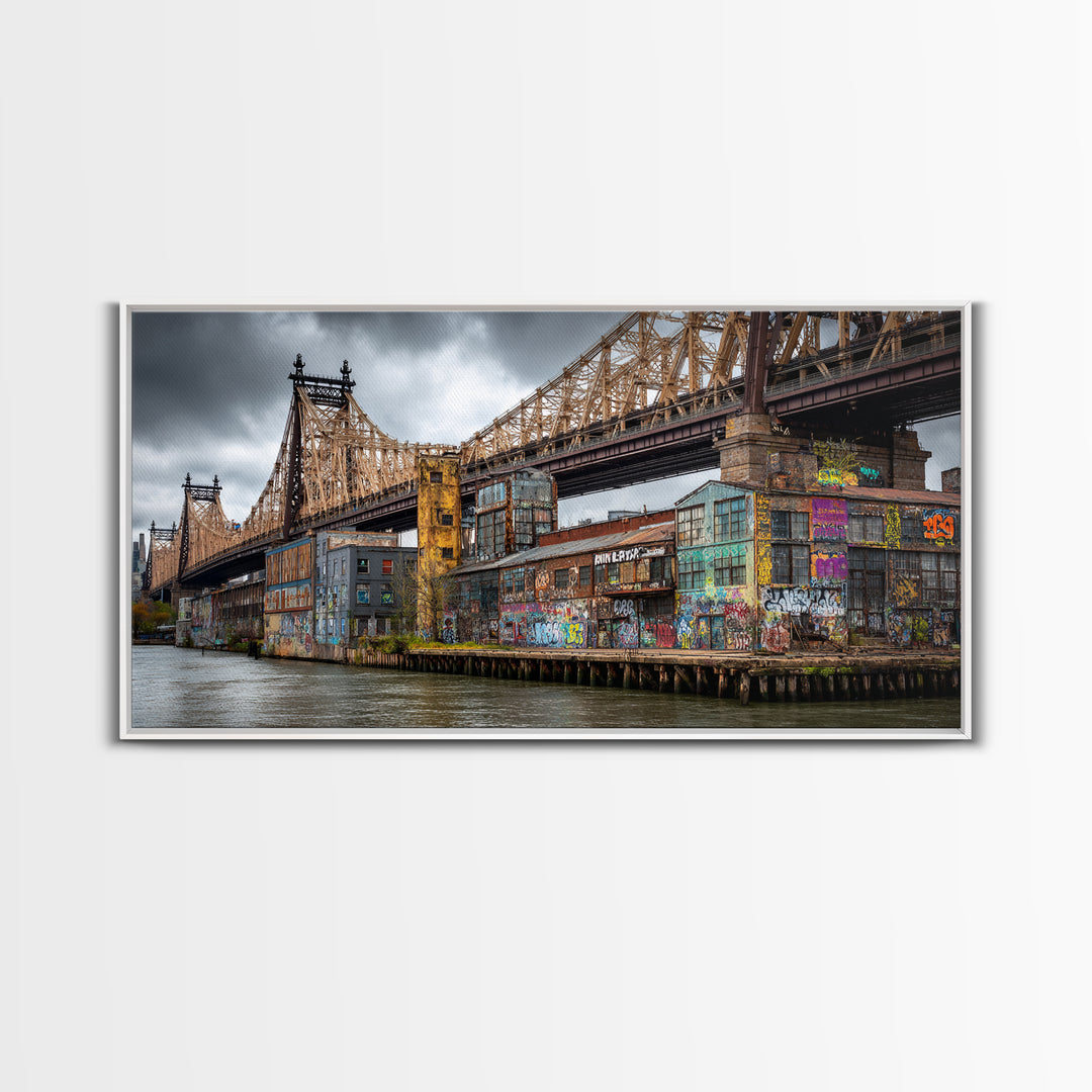 Graffiti Covered City Bridge Waterfront Framed Canvas Print, Urban Wall Art, NYC Art Print, Industrial Office Decor, Travel Poster