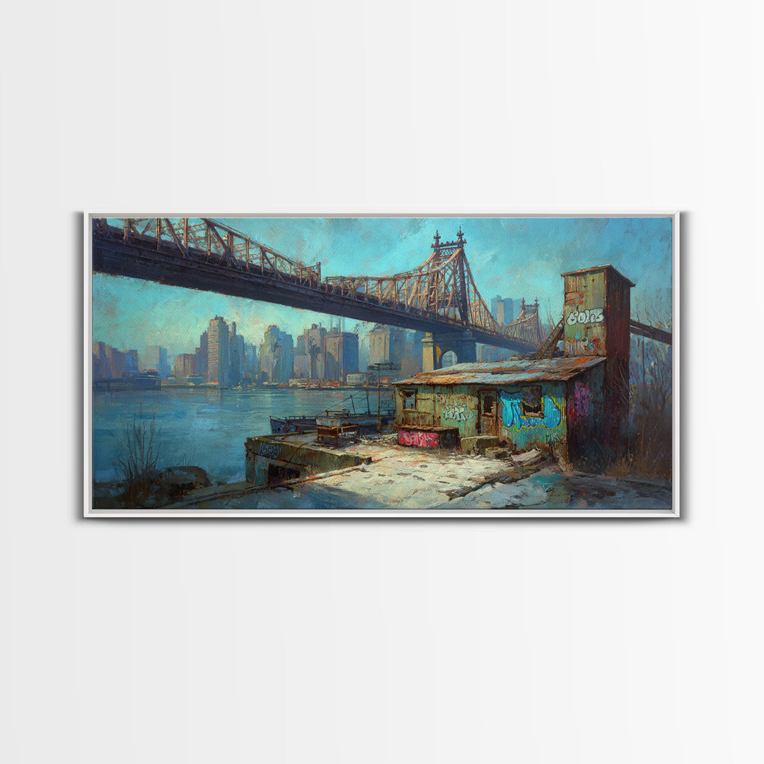 Queensboro Bridge Urban Waterfront Wall Art, NYC Cityscape Canvas Print, Industrial Loft Decor For Office And Living Room Decor