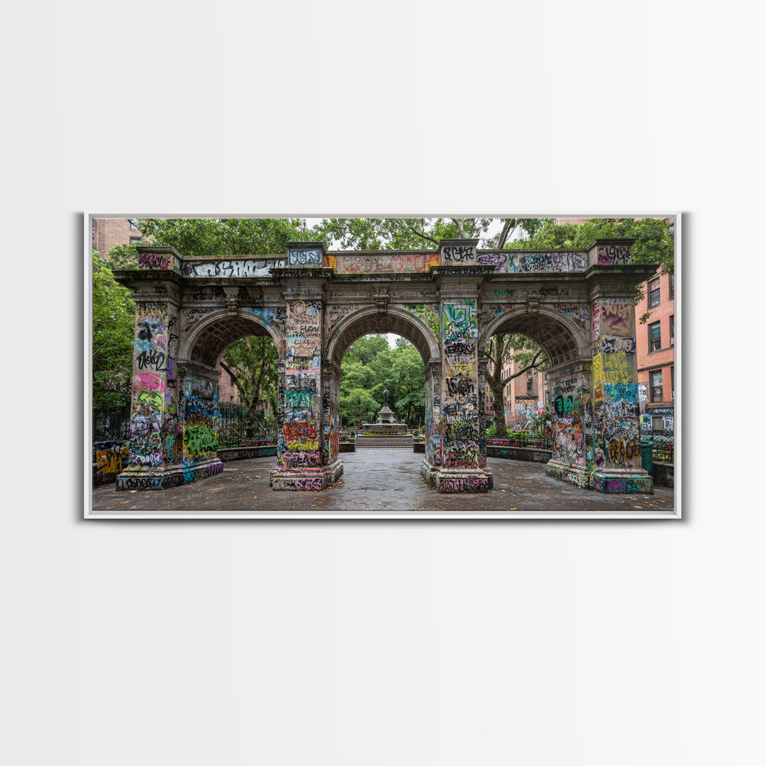 Graffiti Covered Stone Arch Wall Art, Urban Park Framed Canvas Print, NYC Street Art, Eclectic Apartment Decor Gift For Him