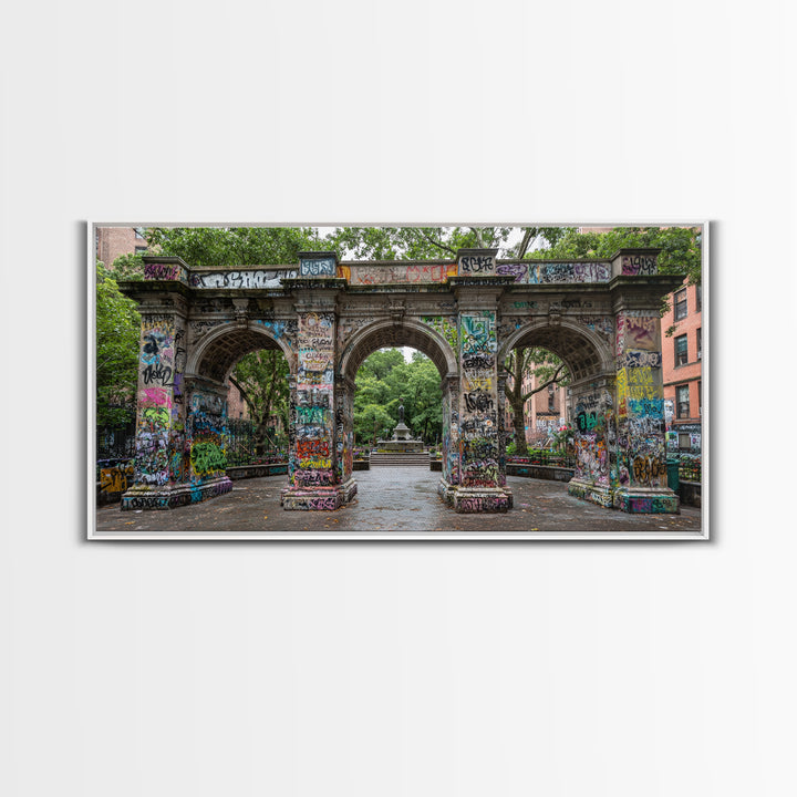 Graffiti Covered Stone Arch Wall Art, Urban Park Framed Canvas Print, NYC Street Art, Eclectic Apartment Decor Gift For Him