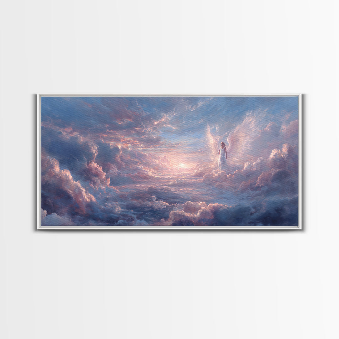 Angel In Pastel Heaven Clouds Framed Canvas Print, Dreamy Celestial Wall Art, Spiritual Sky Home Decor, Serene Gift For Her