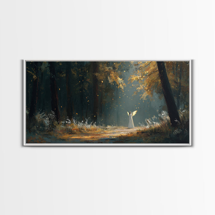 White Figure In Sunlit Autumn Forest Wall Art, Fantasy Landscape Print, Dark Woodland Decor, Mystical Nature Painting, Fine Art Print