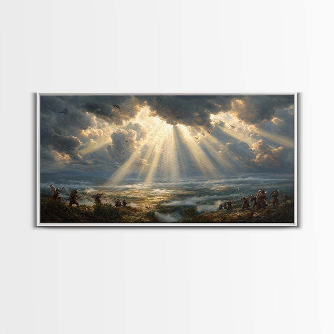 Heavenly Battlefield Canvas Print, Angelic Sun Rays Wall Art, Epic Soldiers Landscape, Christian Home Decor For Living Room