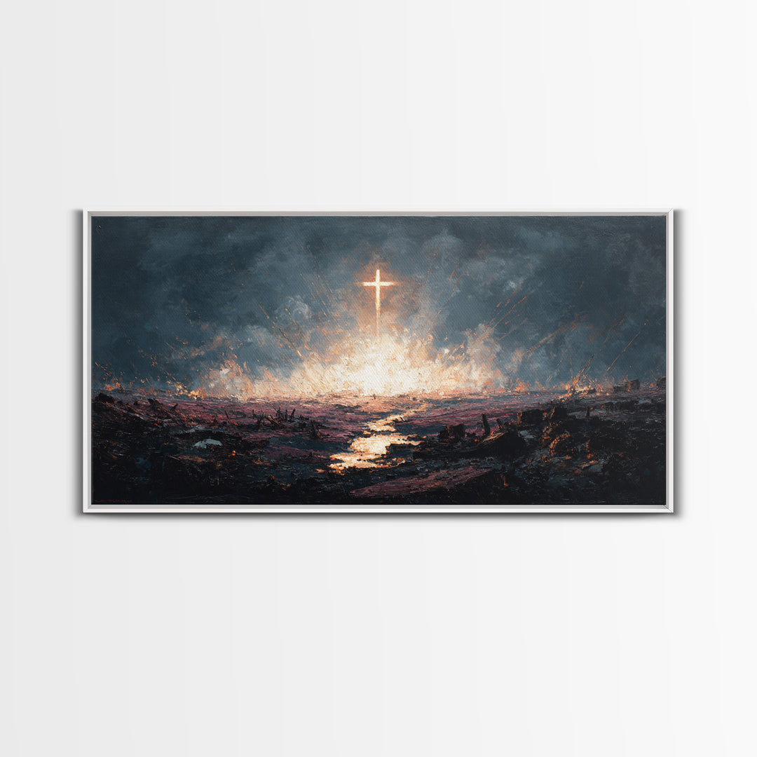Glowing Cross Over Stormy Battlefield Framed Canvas Print, Christian Wall Art, Dramatic Faith Decor, Prayer Room Gift Idea