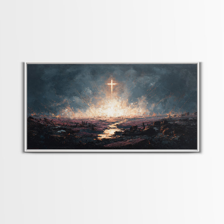 Glowing Cross Over Stormy Battlefield Framed Canvas Print, Christian Wall Art, Dramatic Faith Decor, Prayer Room Gift Idea