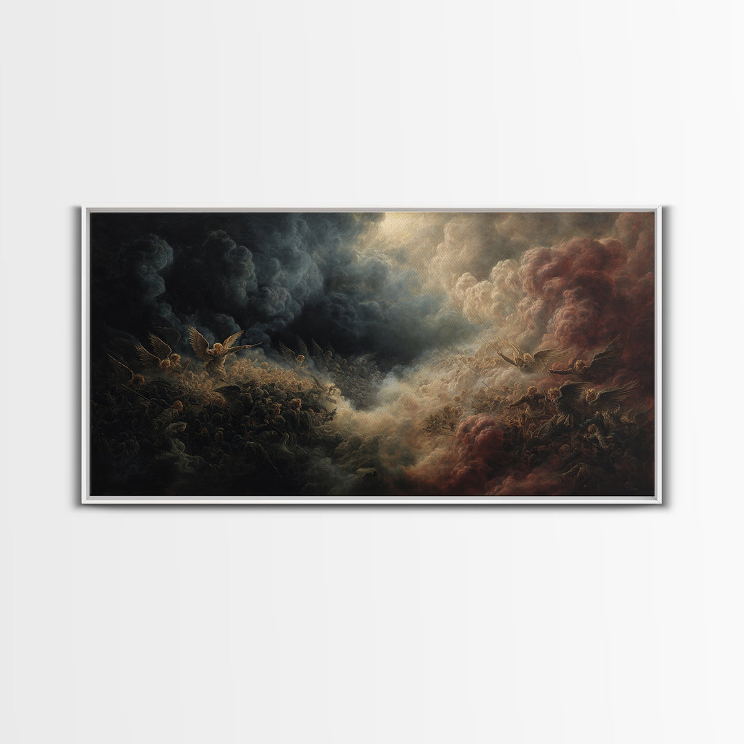 Dark Angel Battle In Storm Clouds Wall Art, Biblical Fantasy Painting, Dramatic Gothic Decor, Religious Fine Art Print Gift