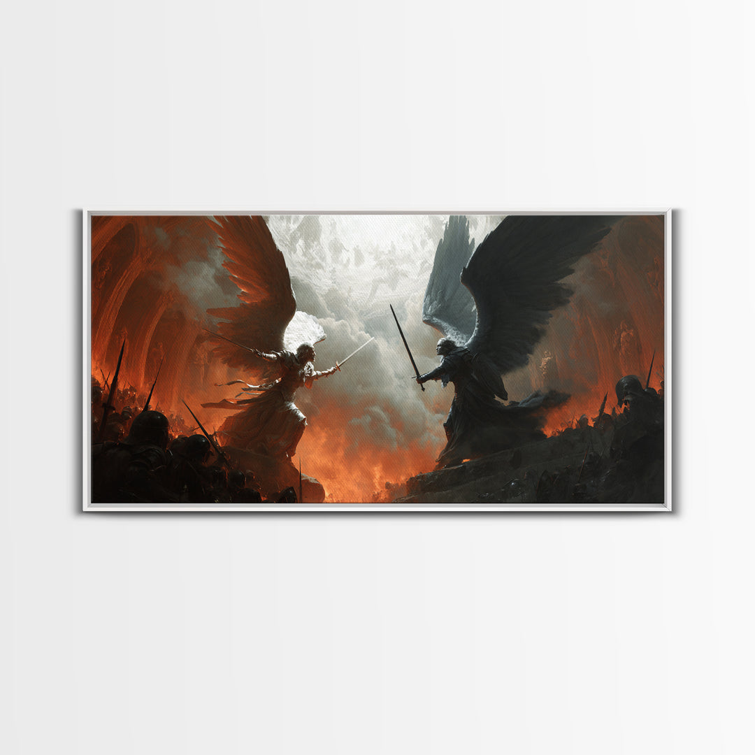 Angels And Demons Battle Wall Art, Dark Fantasy Framed Canvas Print, Epic Gothic Decor For Game Room Or Man Cave Wall Decor