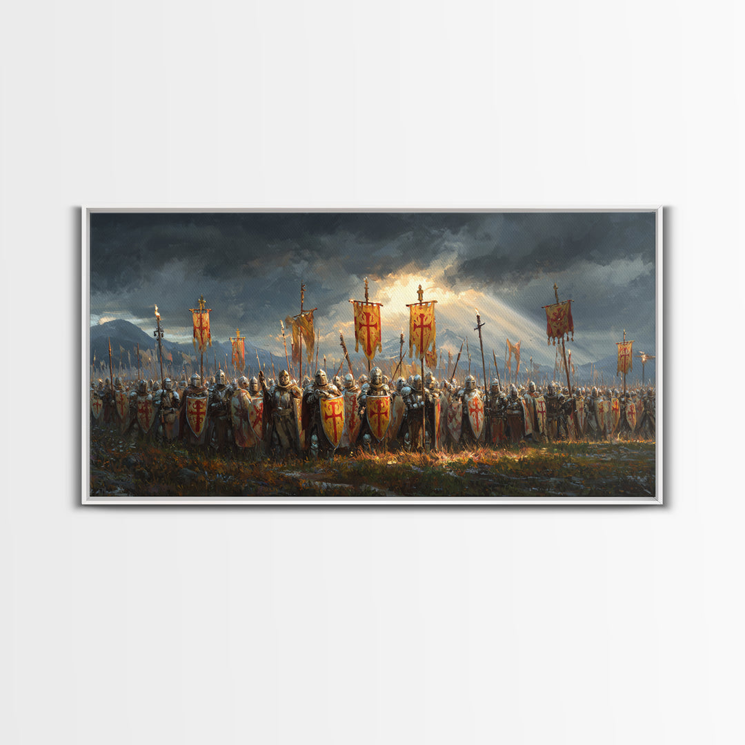 Medieval Knights Army With Red Banners Framed Canvas Print, Crusader Battle Wall Art, Historical Fantasy Decor Gift For Him