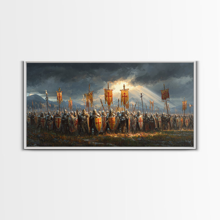 Medieval Knights Army With Red Banners Framed Canvas Print, Crusader Battle Wall Art, Historical Fantasy Decor Gift For Him