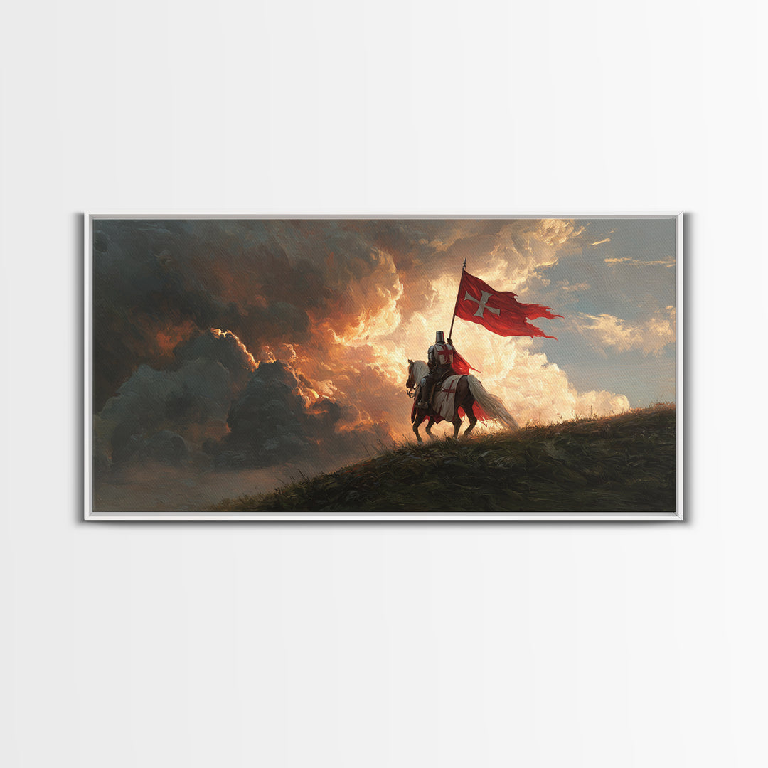 Medieval Knight With Red Banner Wall Art, Fantasy Warrior Canvas Print, Dramatic Battle Scene, Gothic Castle Decor Gift For Him