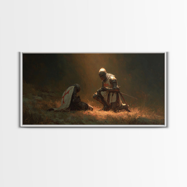 Kneeling Knight Beside Fallen Comrade Wall Art, Medieval Templar Painting, Chivalry Decor, Historical Canvas Print, Gift For Him
