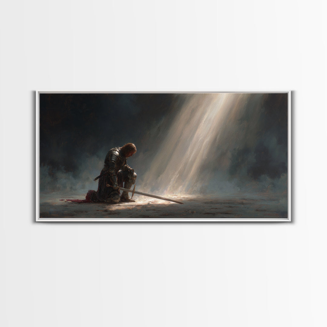 Solitary Knight Kneeling In Divine Light Canvas Print, Medieval Prayer Wall Art, Templar Office Decor, Spiritual Gift For Him