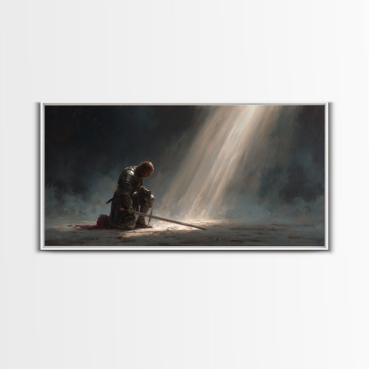 Solitary Knight Kneeling In Divine Light Canvas Print, Medieval Prayer Wall Art, Templar Office Decor, Spiritual Gift For Him