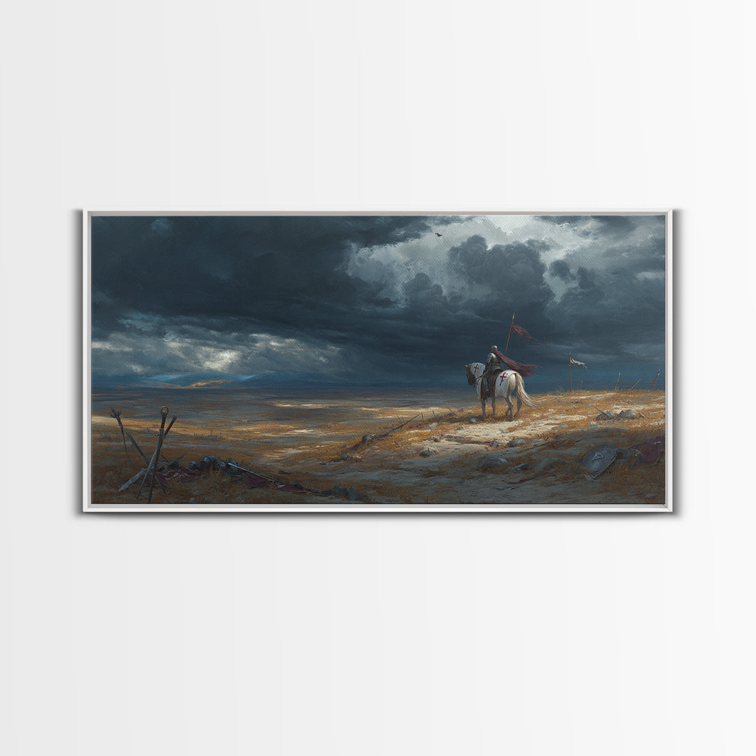 Lone Western Rider Storm Landscape Wall Art, Moody Prairie Horse Canvas, Rustic Cowboy Decor, Dramatic Frontier Print, Gift