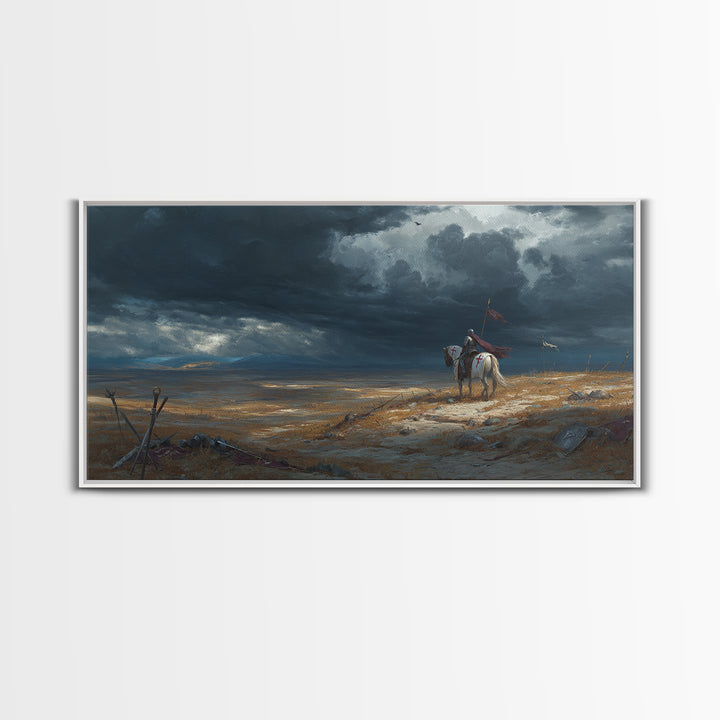 Lone Western Rider Storm Landscape Wall Art, Moody Prairie Horse Canvas, Rustic Cowboy Decor, Dramatic Frontier Print, Gift