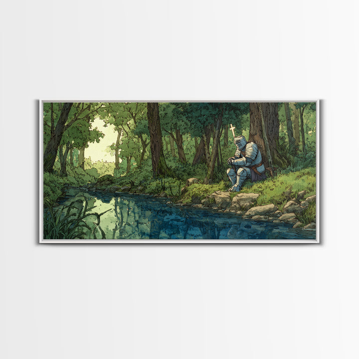 Pixel Knight Resting By Forest Stream Wall Art, Fantasy Canvas Print, Woodland Landscape, Kids Room Decor Gamer Gift For Him
