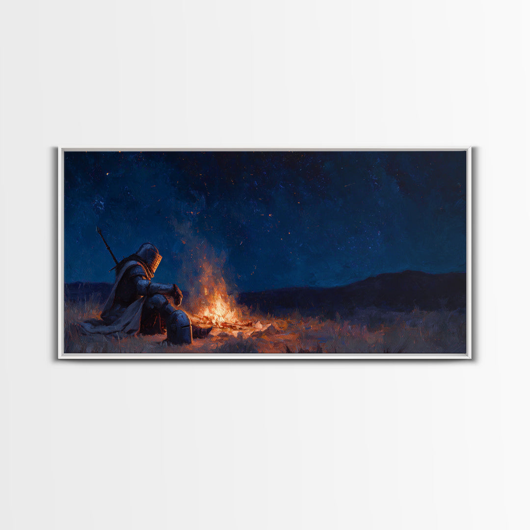 Lonely Knight Campfire Canvas Print, Dark Fantasy Wall Art, Starry Night Medieval Decor, Gaming Room Art And Gift For Him