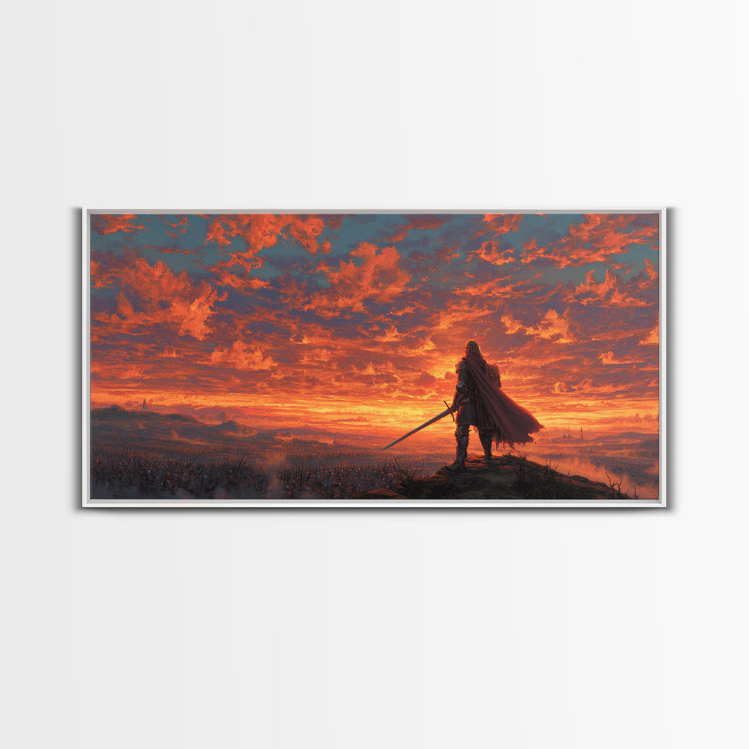 Lone Warrior Over Fiery Battlefield Canvas Print, Fantasy Wall Art, Epic Landscape Art, Medieval Decor, Dramatic Gift For Him