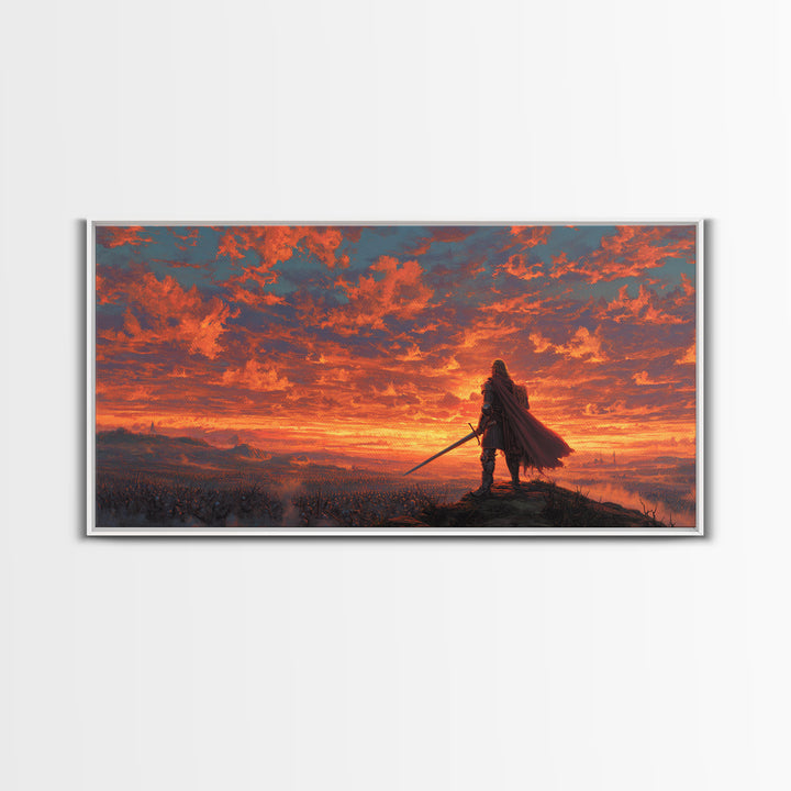 Lone Warrior Over Fiery Battlefield Canvas Print, Fantasy Wall Art, Epic Landscape Art, Medieval Decor, Dramatic Gift For Him