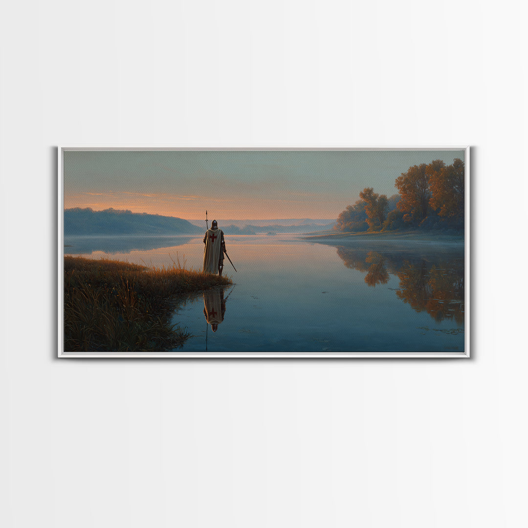 Misty River Knight Landscape Wall Art, Serene Medieval Lake Canvas, Reflective Nature Decor, Fantasy Print, Gift For Him