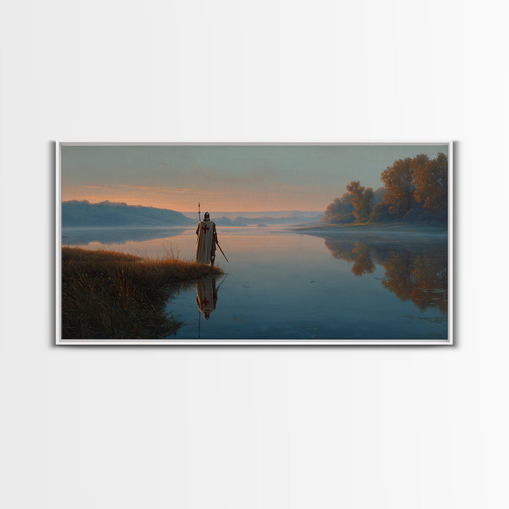 Misty River Knight Landscape Wall Art, Serene Medieval Lake Canvas, Reflective Nature Decor, Fantasy Print, Gift For Him