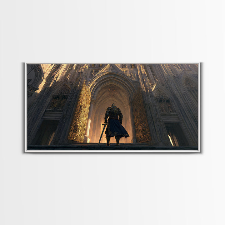 Armored Knight Before Gothic Cathedral Wall Art, Medieval Fantasy Architecture Print, Dark Academia Castle Decor Gift For Him