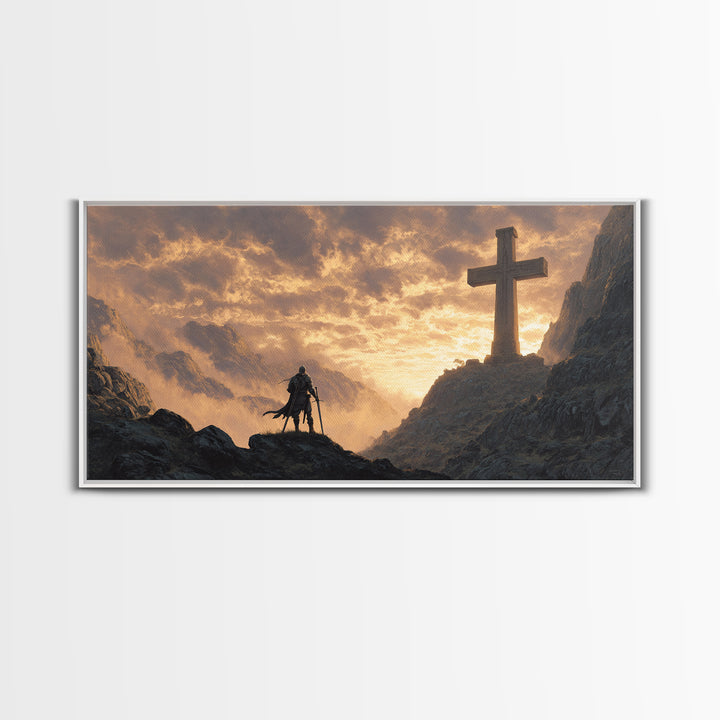 Knight At Mountain Cross Wall Art, Christian Fantasy Canvas Print, Medieval Warrior Decor, Inspirational Religious Art Print