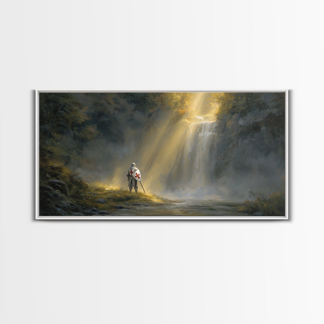 Templar Knight By Misty Waterfall Framed Canvas Print, Christian Wall Art, Medieval Landscape, Inspirational Gift For Him