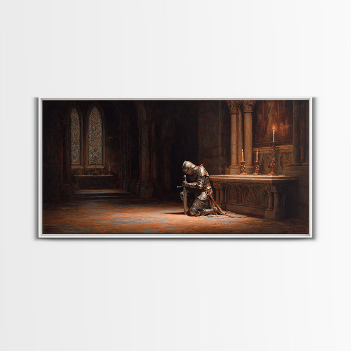Kneeling Knight In Gothic Chapel Framed Canvas Print, Medieval Wall Art For Dark Academia Decor And Masculine Office Decor