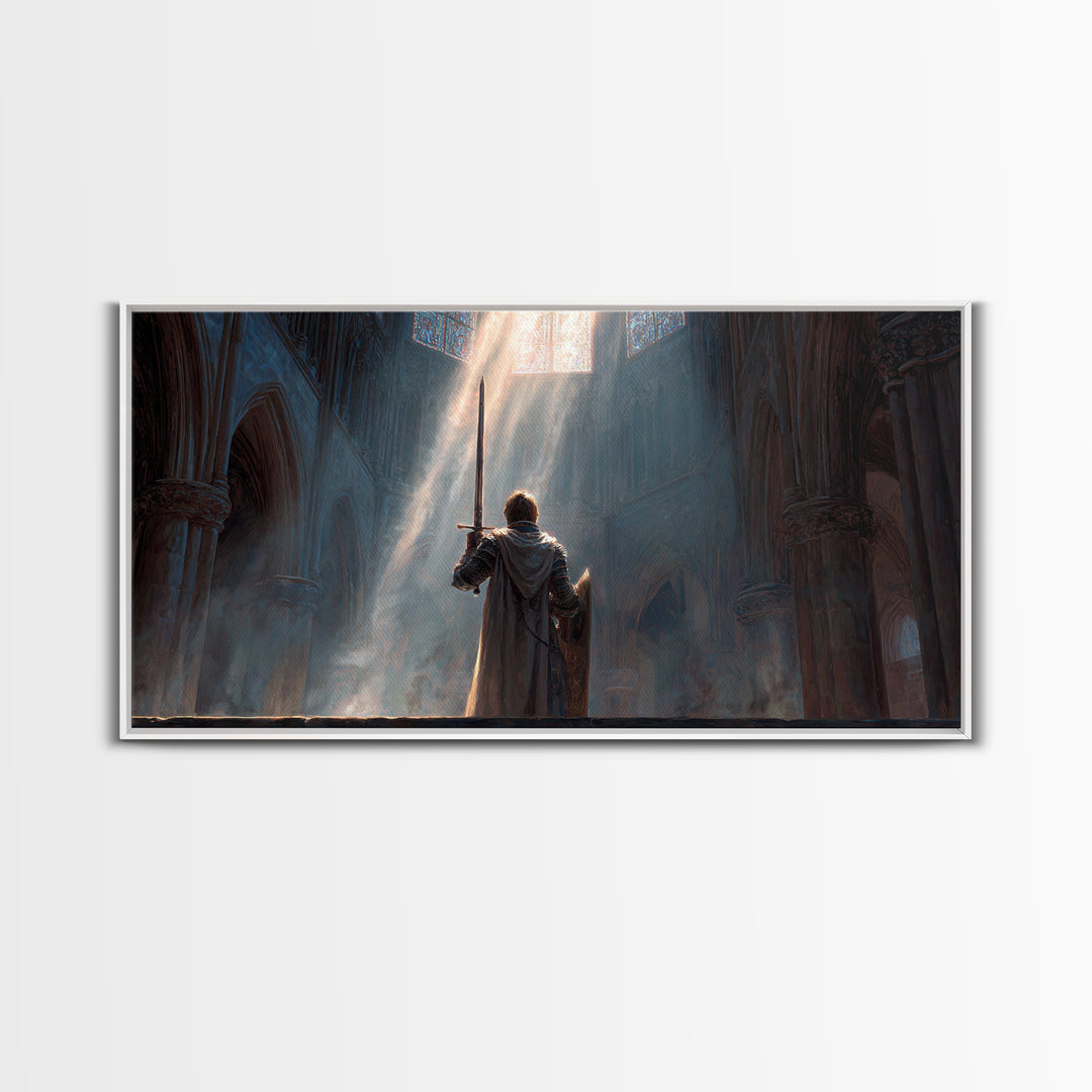 Knight In Sunlit Gothic Cathedral Framed Canvas Print, Fantasy Wall Art, Medieval Decor, Christian Artwork, Gift For Him