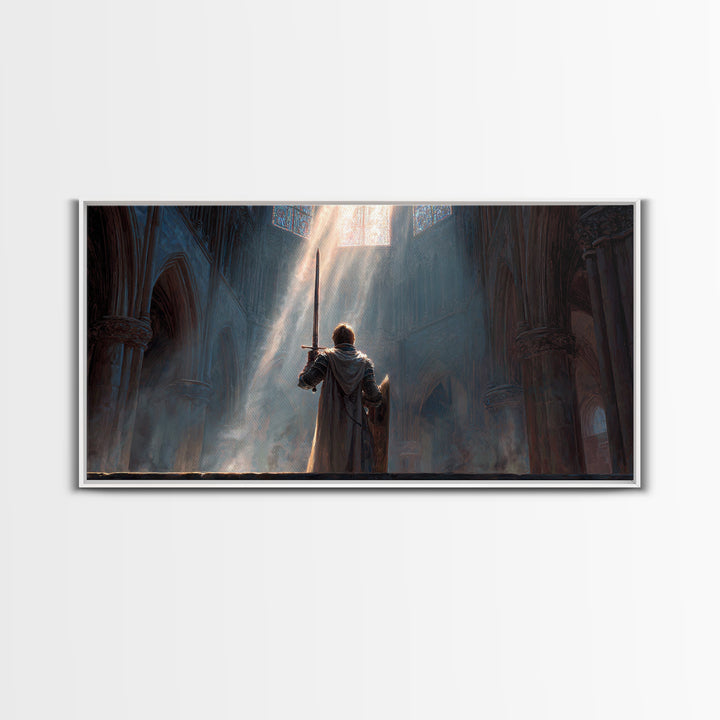 Knight In Sunlit Gothic Cathedral Framed Canvas Print, Fantasy Wall Art, Medieval Decor, Christian Artwork, Gift For Him