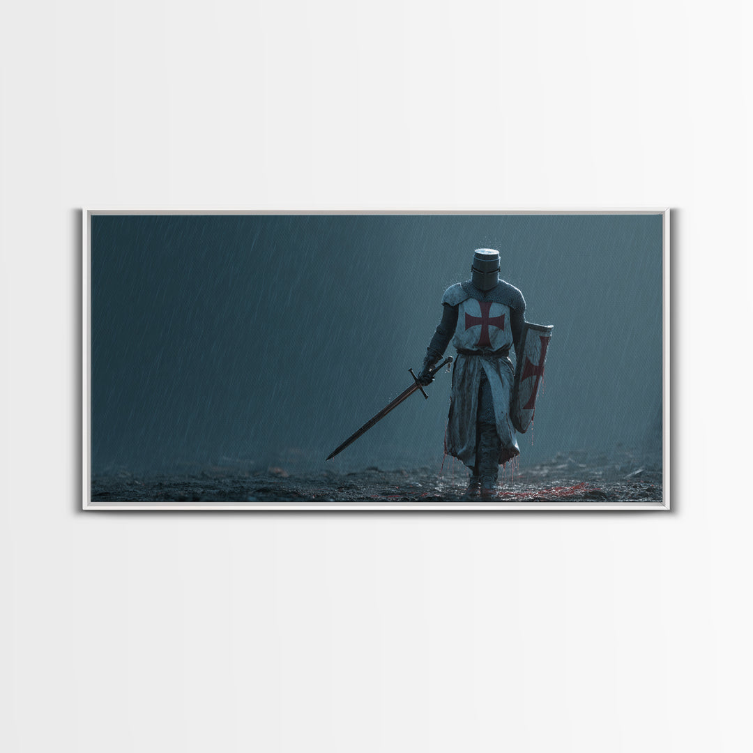 Templar Knight In Rain Wall Art, Medieval Crusader Canvas Print, Dark Fantasy Decor, Gothic Warrior Art Print For Man Cave