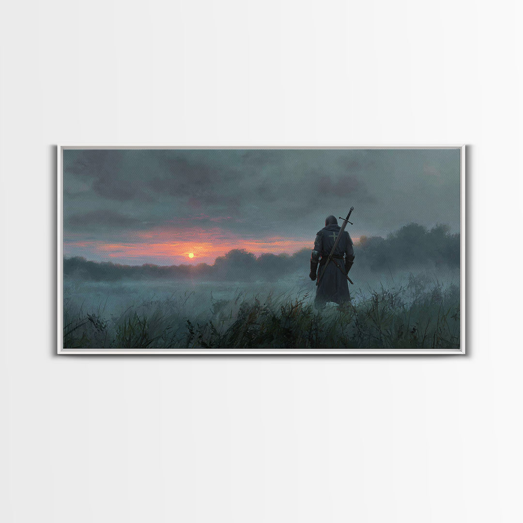 Lone Warrior At Misty Sunrise Wall Art, Medieval Fantasy Canvas Print, Moody Landscape Decor, Dark Academia Gift For Him